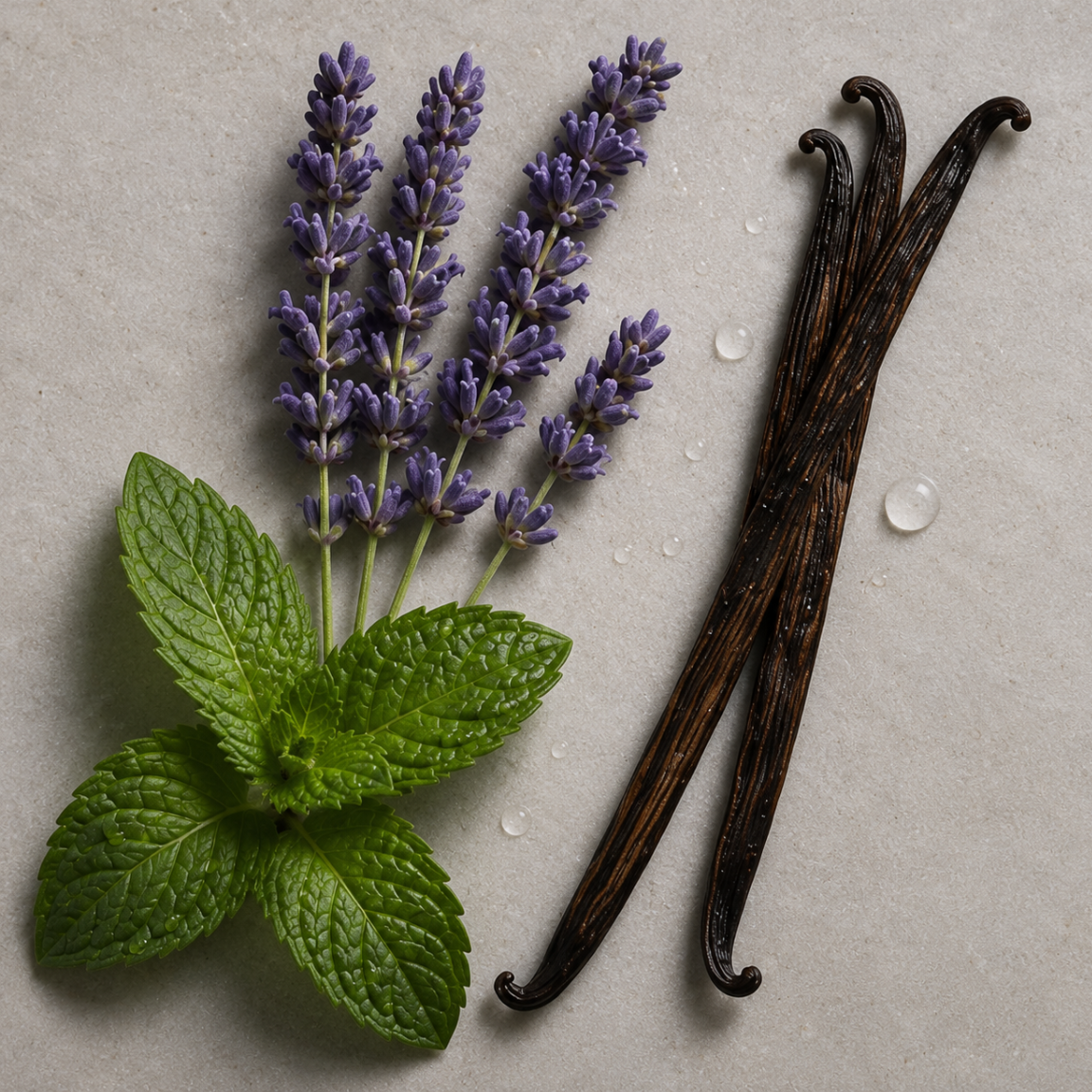 Una composizione di foglie di menta fresca, rametti di lavanda vivaci e bacche di vaniglia scure su una superficie chiara.