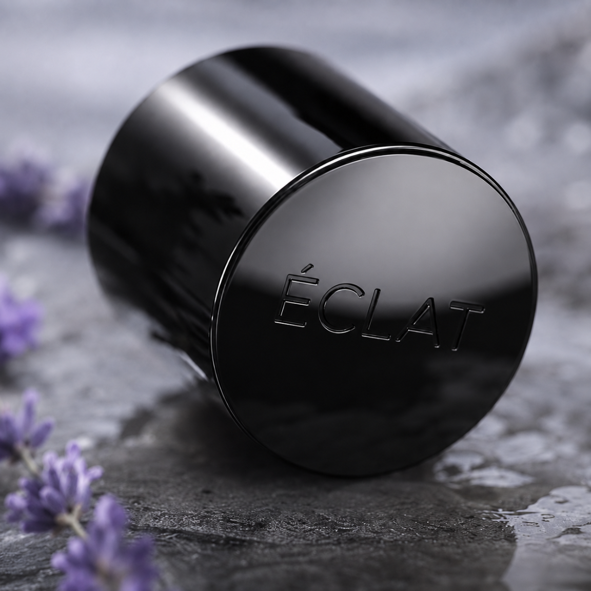 Un elegante coperchio nero inciso con ÉCLAT, su una superficie di pietra con rametti di lavanda intorno.