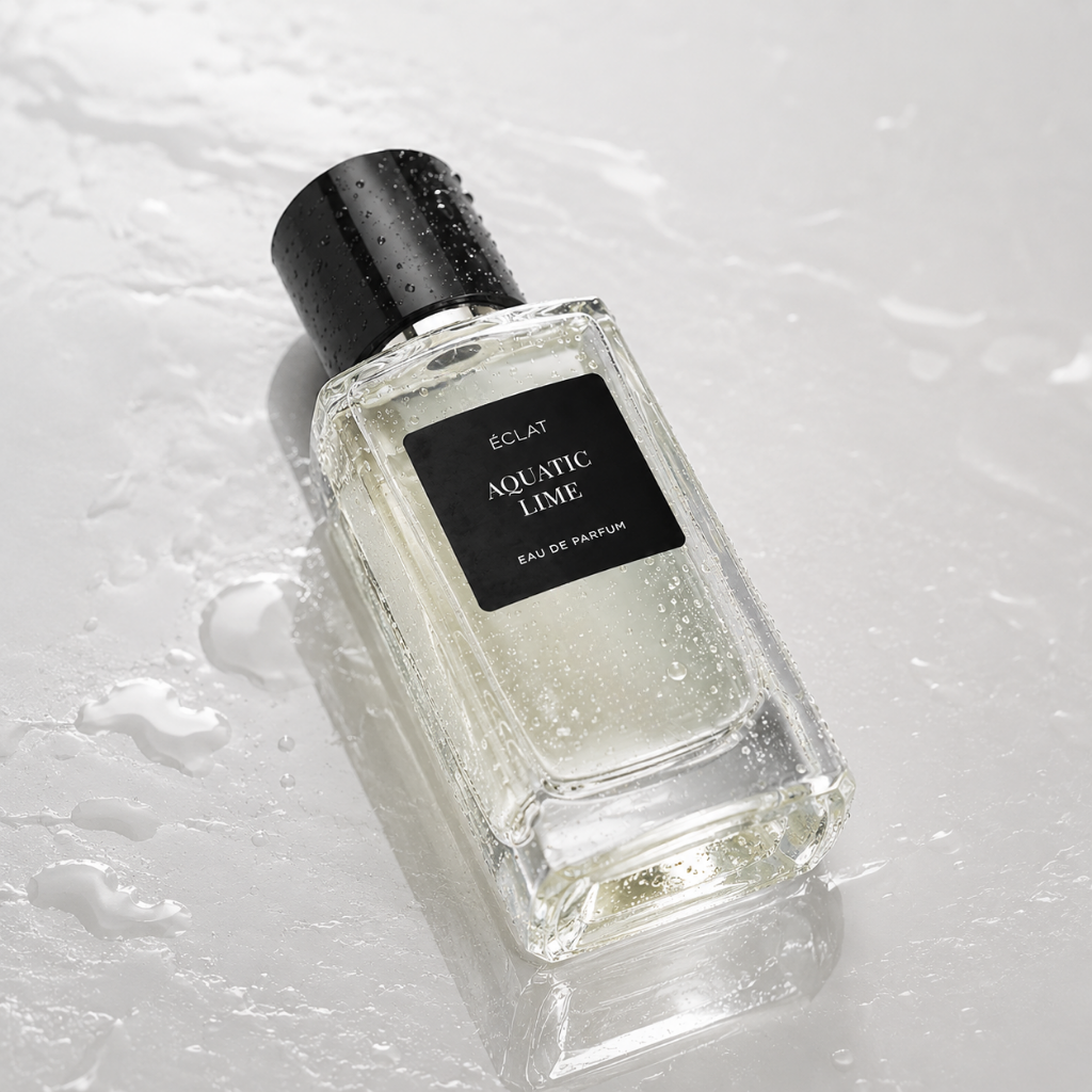 ÉCLAT Aquatic Lime in un flacone di vetro sfaccettato con tappo nero, su una superficie bagnata.