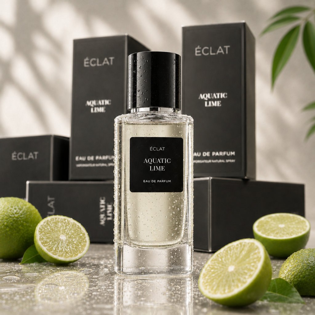 La fragranza ÉCLAT Aquatic Lime è presentata in un flacone di vetro trasparente con tappo nero, circondata da metà lime freschi e un elegante packaging nero.