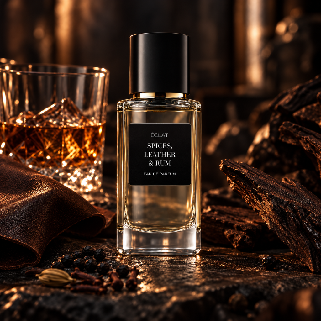 Una bottiglia di vetro sfaccettato di ÉCLAT Spices, Leather & Rum con etichetta nera è posizionata tra spezie e un bicchiere di whisky.