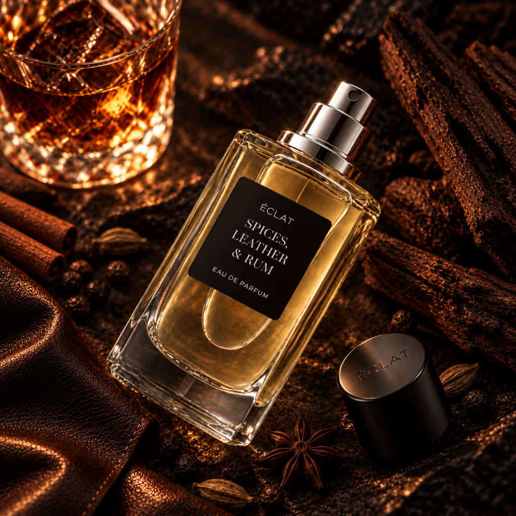 Fragranza ÉCLAT Spices, Leather & Rum in un flacone di vetro sfaccettato con etichetta nera opaca, circondato da spezie e un bicchiere di rum.