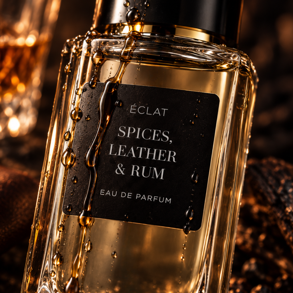 Un flacone di vetro sfaccettato con etichetta nera opaca con il nome ÉCLAT Spices, Leather & Rum, adornato con gocce e tappo dorato.