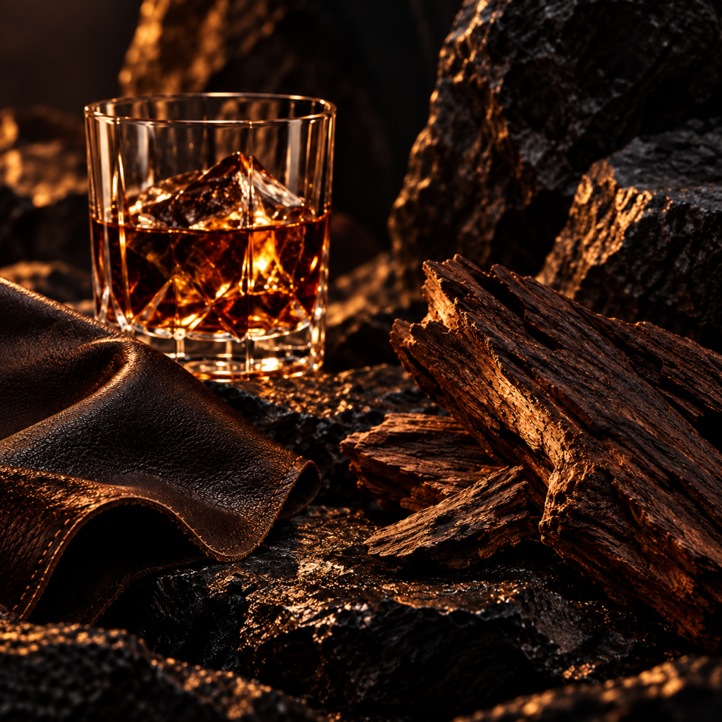 Un bicchiere di vetro sfaccettato con liquido ambrato tra rocce testurizzate scure, un ricco tessuto in pelle e pezzi di legno evocano l'essenza di ÉCLAT Spices, Leather & Rum.