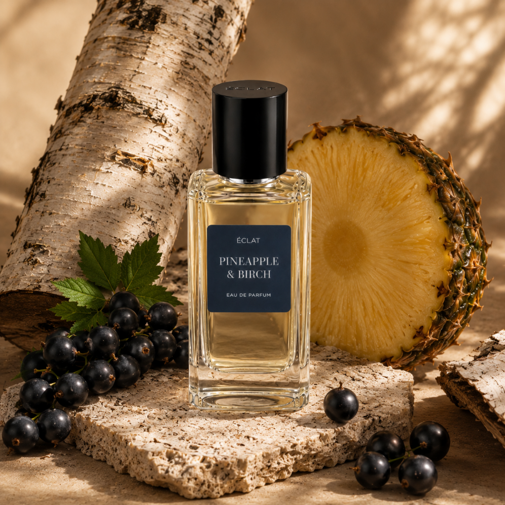 Flacone in vetro sfaccettato di ÉCLAT Pineapple & Birch con tappo nero, circondato da un tronco di betulla, fetta di ananas e ribes nero.