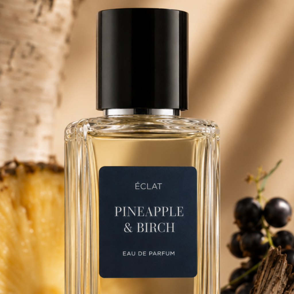 Una fetta di ananas, corteccia di betulla e ribes nero disposti elegantemente su superfici in pietra testurizzata, riflettendo l'essenza di ÉCLAT VIP - Pineapple & Birch.
