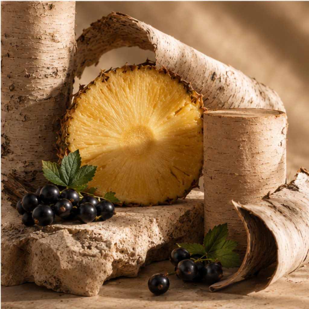 Flacone in vetro sfaccettato di ÉCLAT Pineapple & Birch con tappo nero ed etichetta opaca su sfondo neutro.