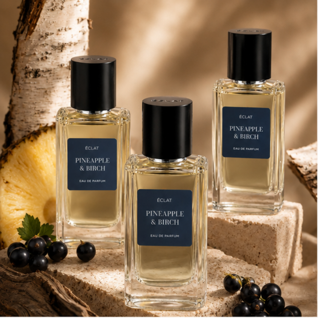 Una composizione di fette di ananas fresco impilate con corteccia di betulla e accompagnate da ribes nero, rappresentando ÉCLAT VIP Pineapple & Birch.