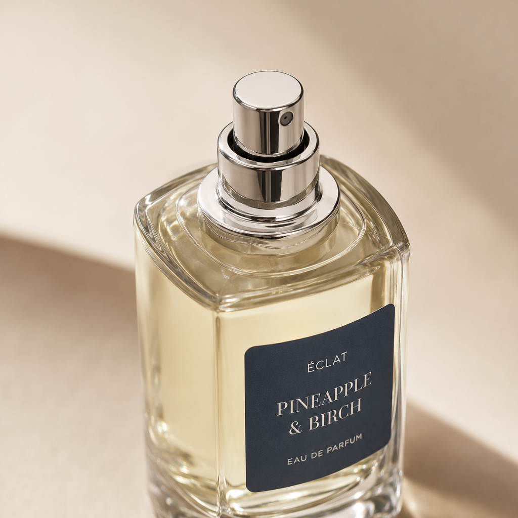 Bottiglia in vetro sfaccettato di ÉCLAT Pineapple & Birch con tappo argento e etichetta scura.