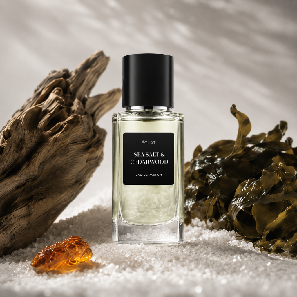 ÉCLAT Sea Salt & Cedarwood in un flacone di vetro trasparente con tappo nero, circondato da legno, alghe e ambra su sabbia bianca.