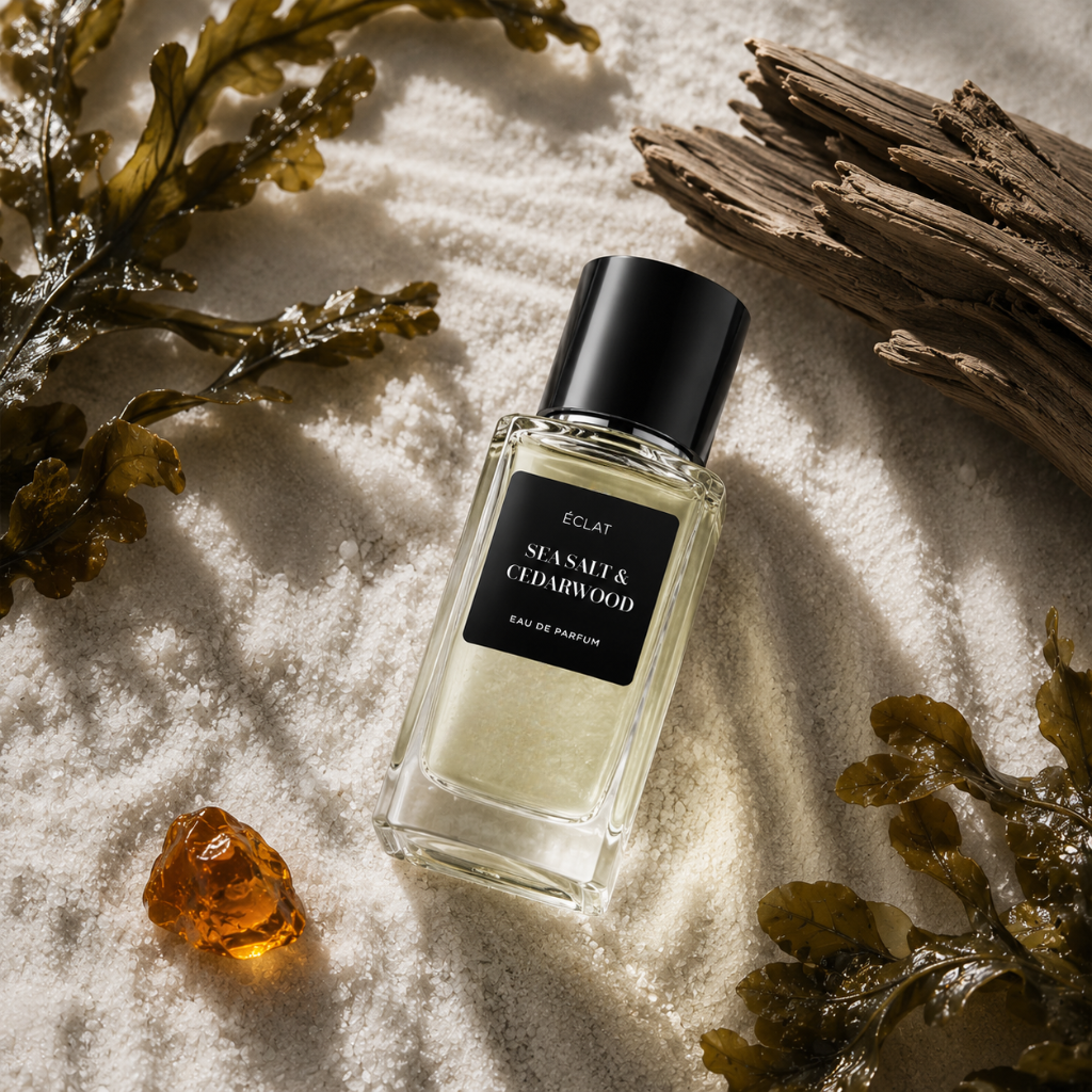 Flacone di profumo ÉCLAT Sea Salt & Cedarwood con tappo nero su sale grosso, circondato da legni, ambra e alghe.