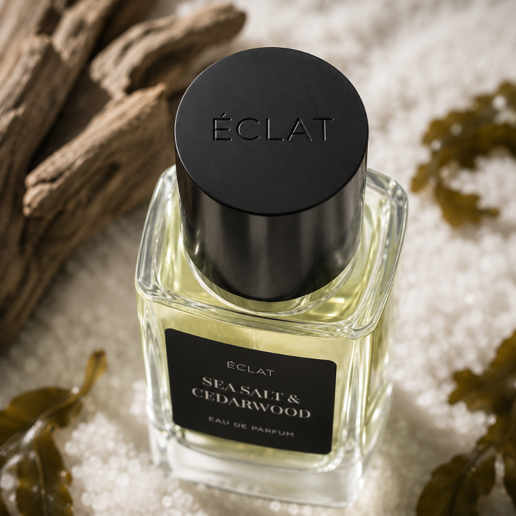 Un flacone di vetro sfaccettato di ÉCLAT Sea Salt & Cedarwood con tappo nero, circondato da legni e alghe.