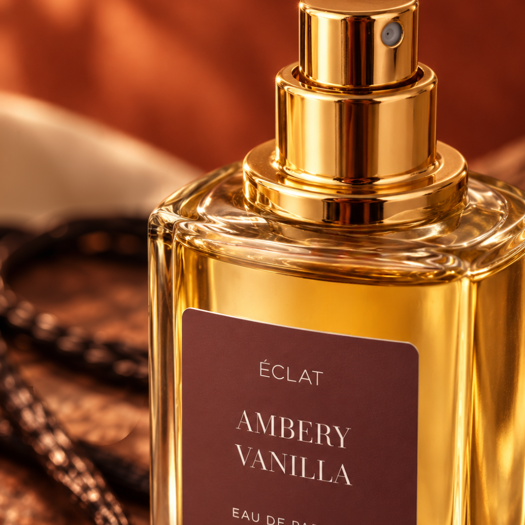 Flacone in vetro sfaccettato di ÉCLAT Ambery Vanilla con tappo spray dorato ed etichetta bordeaux, presentato con eleganza.