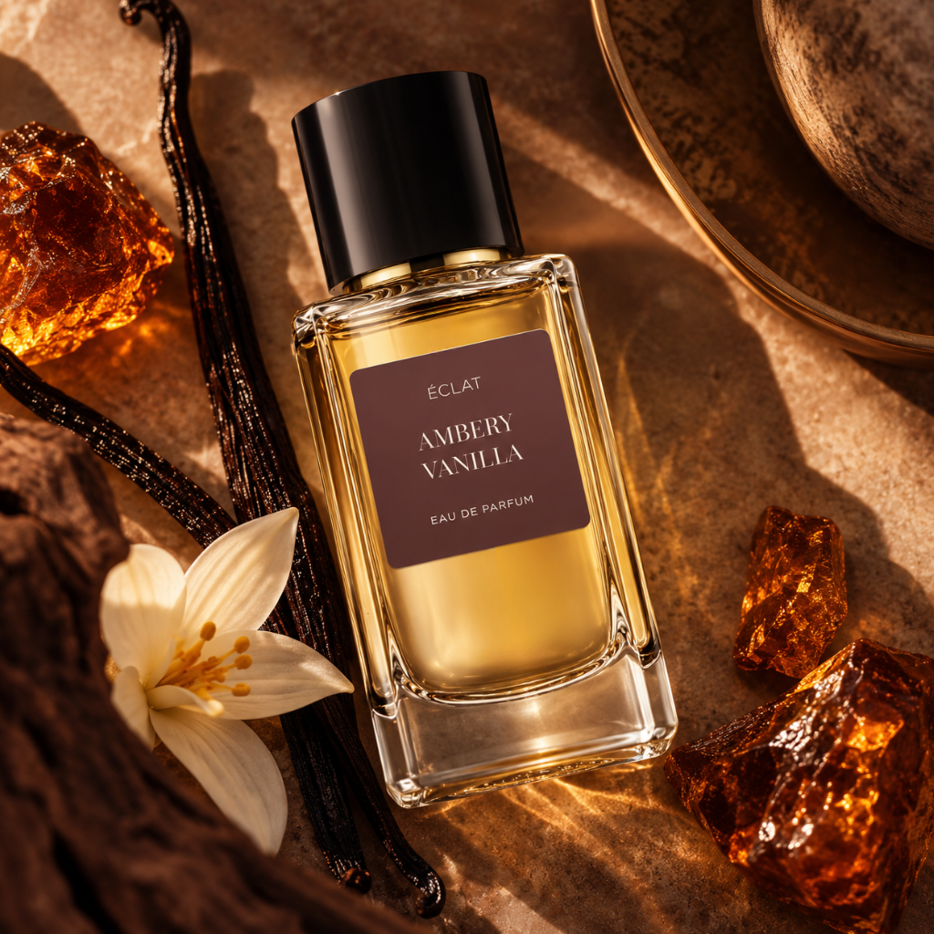 Flacone di vetro sfaccettato di ÉCLAT Ambery Vanilla tra baccelli di vaniglia, pietre d'ambra e un fiore bianco su una superficie strutturata.