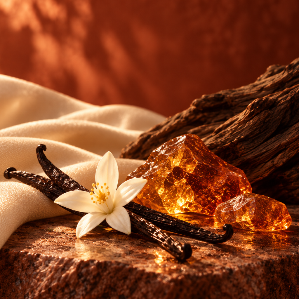 Un insieme di baccelli di vaniglia, un fiore bianco, cristalli di ambra e legno texturizzato evoca l'essenza di ÉCLAT Ambery Vanilla.