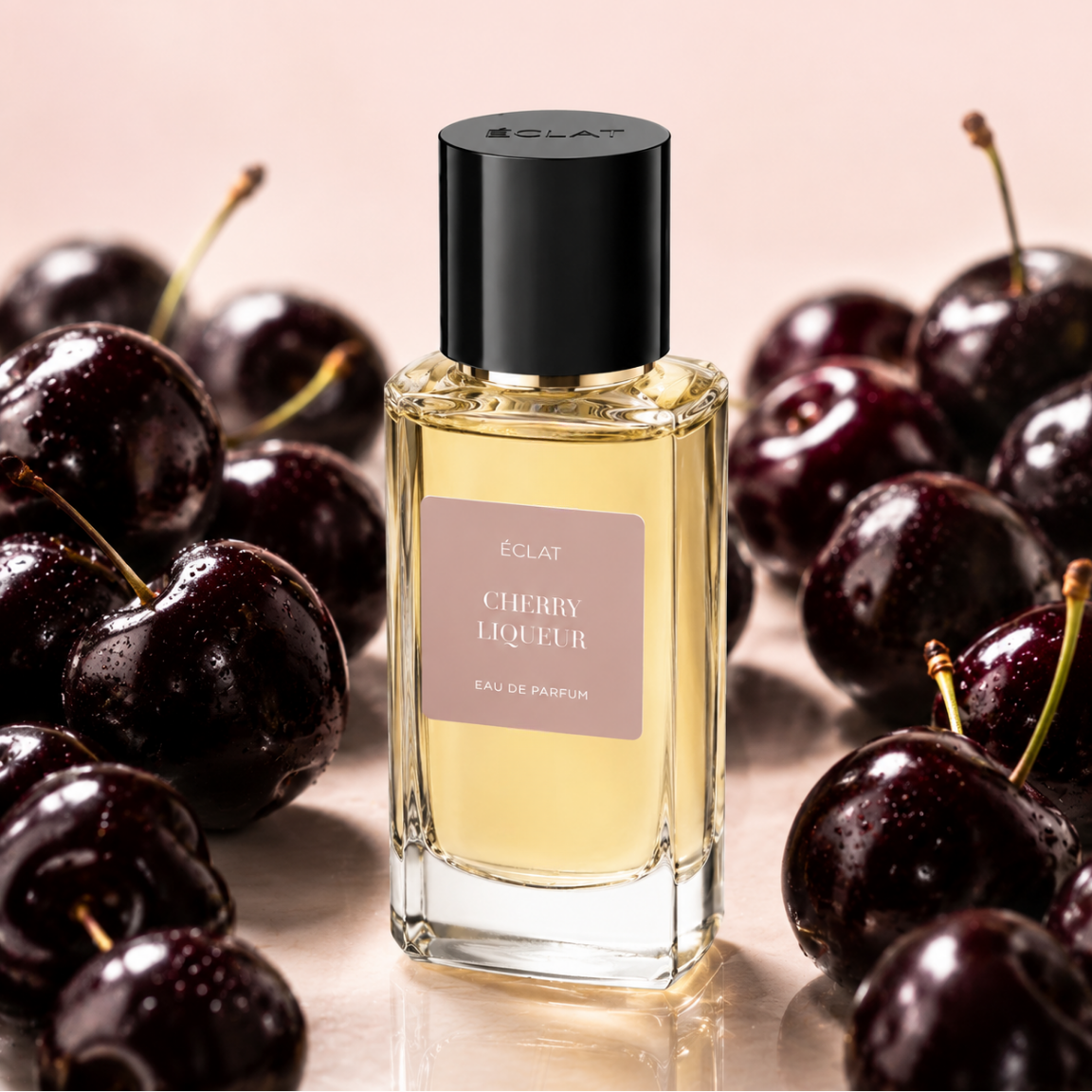 Una bottiglia di vetro sfaccettato di ÉCLAT Cherry Liqueur con tappo nero, circondata da ciliegie scure e lucide.