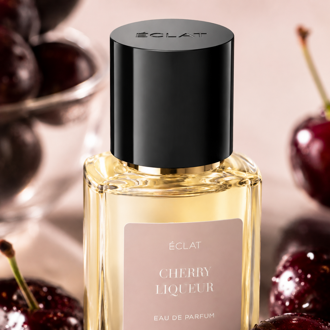 Boccetta di profumo ÉCLAT Cherry Liqueur con tappo nero, circondata da ciliegie fresche.