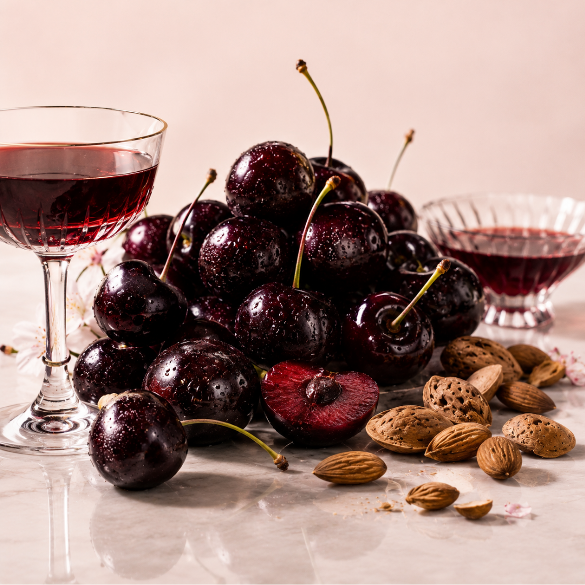 Un sontuoso arrangiamento di ciliegie lucenti, mandorle e ricco liquore rosso in un bicchiere, catturando l'essenza di ÉCLAT Cherry Liqueur.