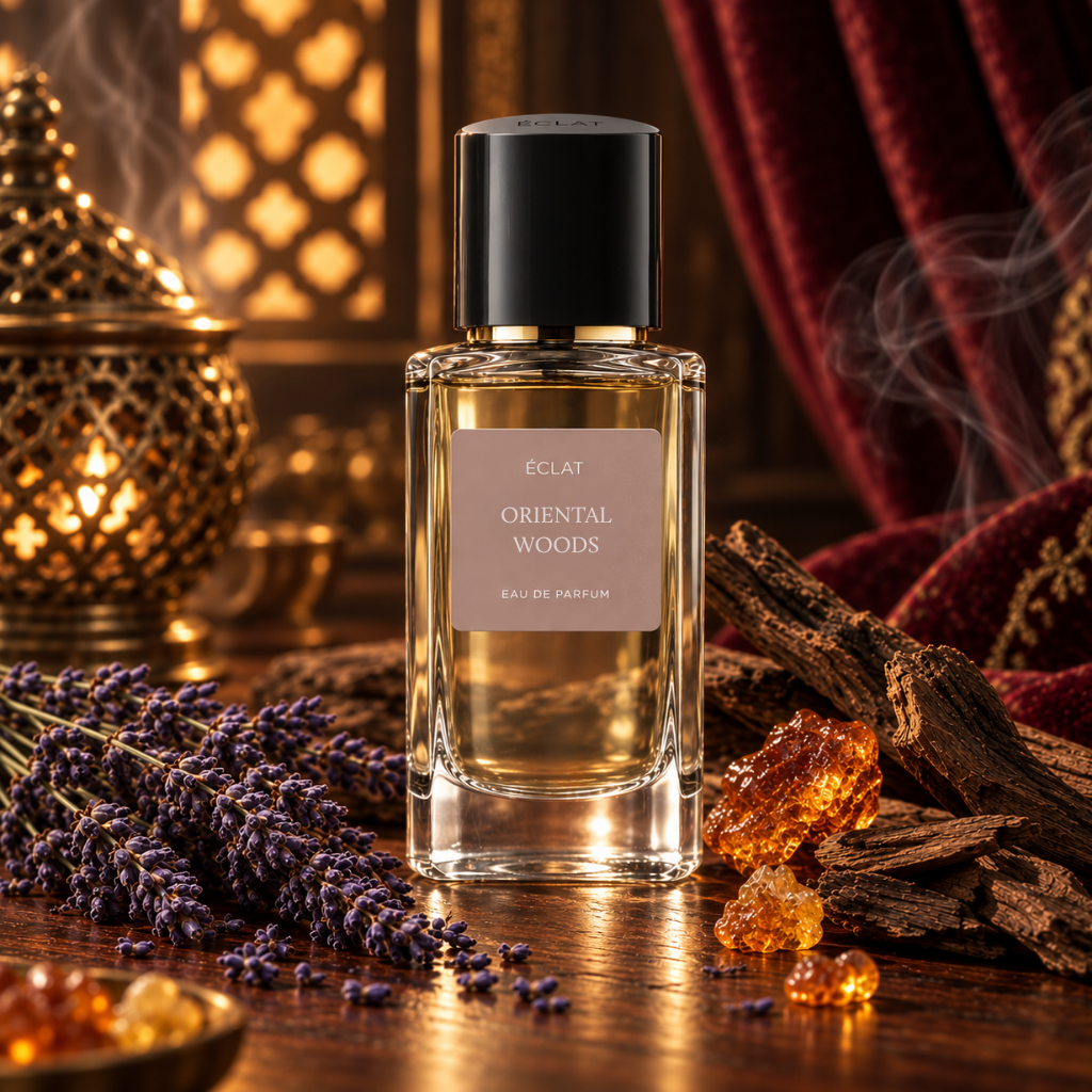 Una bottiglia di vetro sfaccettato di ÉCLAT Oriental Woods con tappo nero è circondata da lavanda essiccata, resina ambrata e bastoncini di legno su uno sfondo lussuoso.