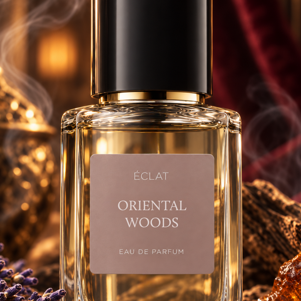 Un flacone di vetro sfaccettato di ÉCLAT Oriental Woods con etichetta opaca e tappo dorato su uno sfondo di texture calde.