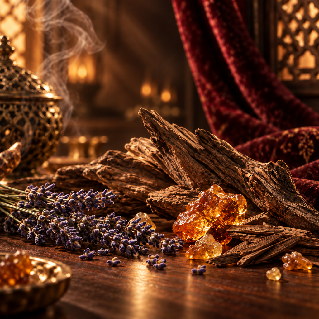 Una composizione di rametti di lavanda, resina d'ambra e pezzi di legno su uno sfondo ricco e strutturato che suggerisce eleganza orientale.