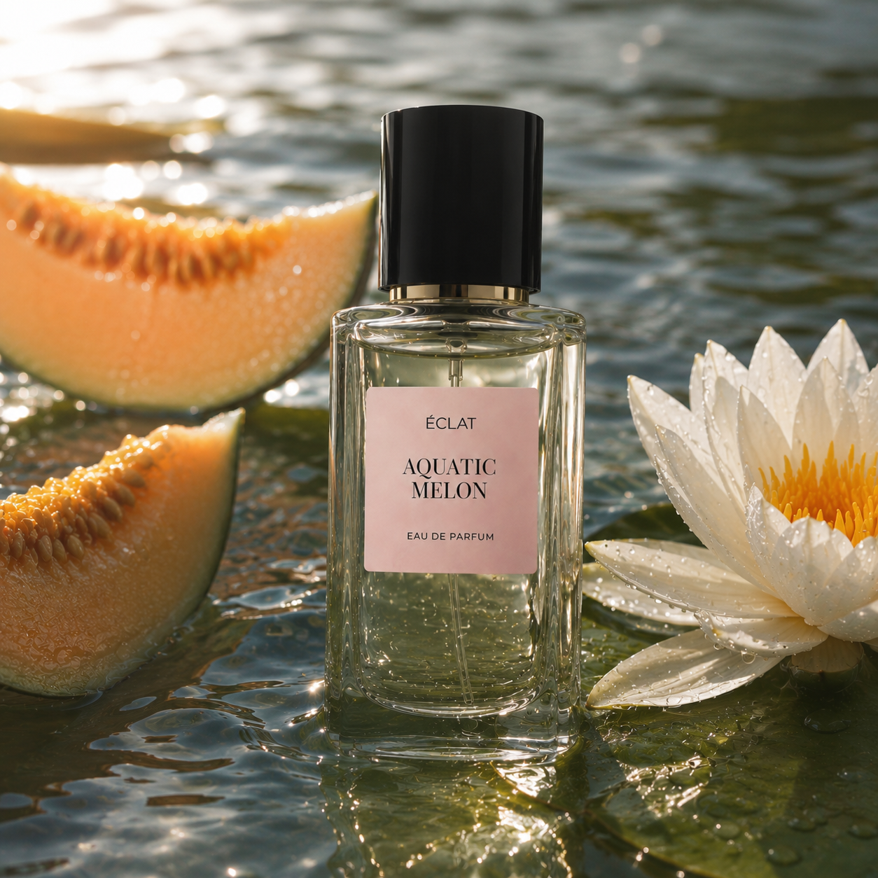 Una bottiglia di vetro sfaccettato del profumo ÉCLAT Aquatic Melon su uno sfondo acquatico, accompagnata da fette di melone e un loto bianco.