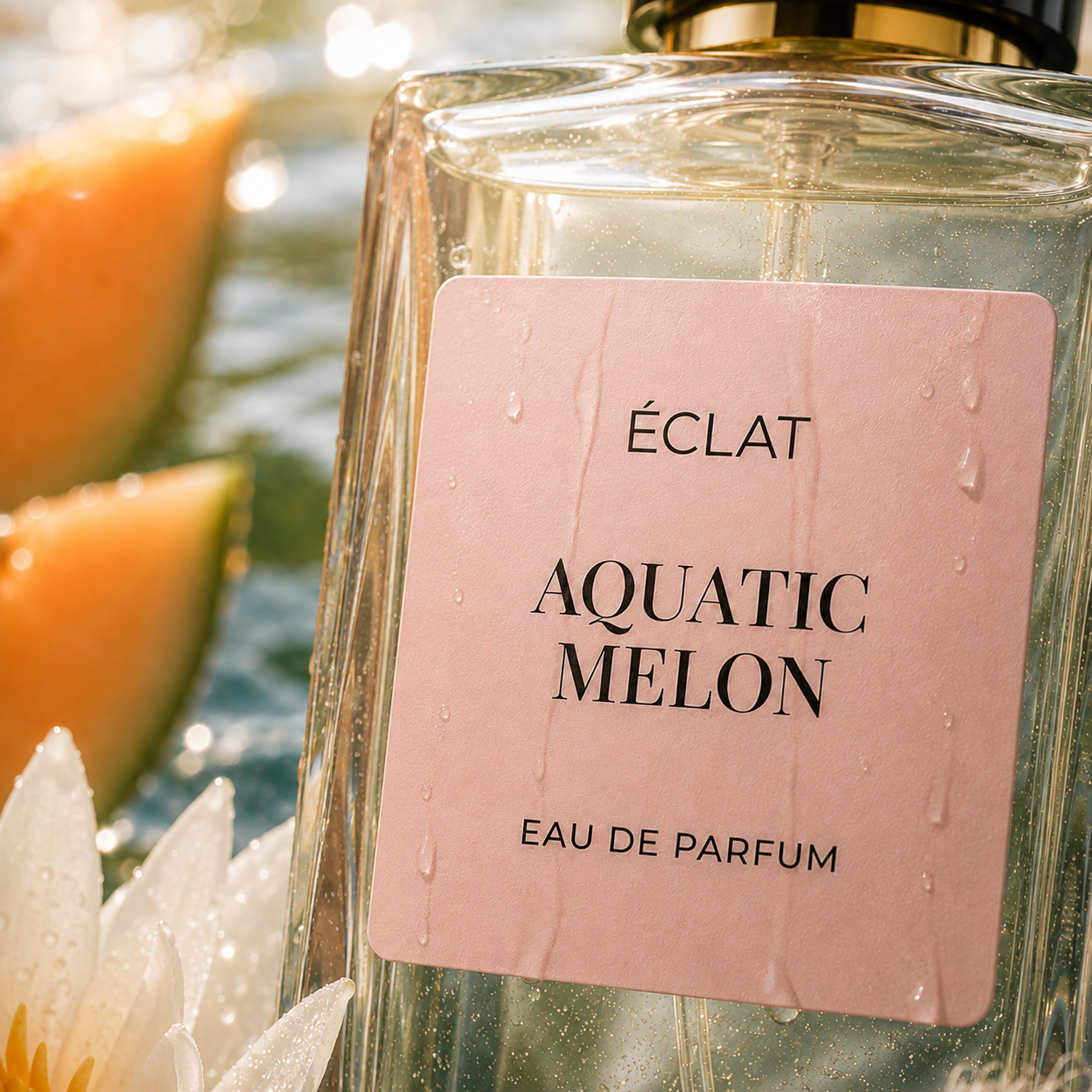 Un flacone in vetro sfaccettato di ÉCLAT Aquatic Melon con etichetta rosa opaca, circondato da acqua e fette di melone.