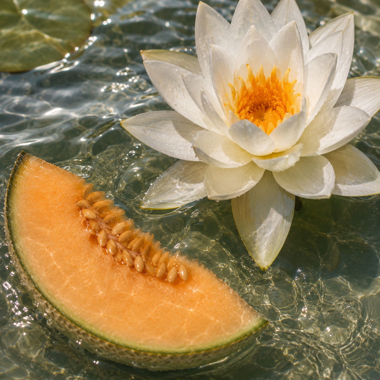 Una fetta di melone maturo e una ninfea bianca che galleggiano su acqua limpida, simbolo di ÉCLAT Aquatic Melon.