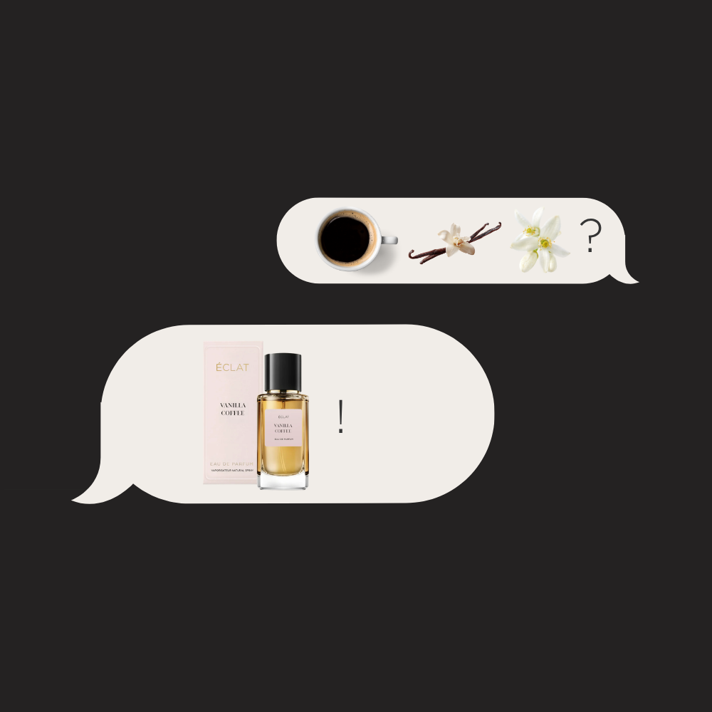 Fragranza ÉCLAT Vanilla Coffee con flacone elegante e scatola rosa sopra una tazza di caffè, baccelli di vaniglia e fiore.