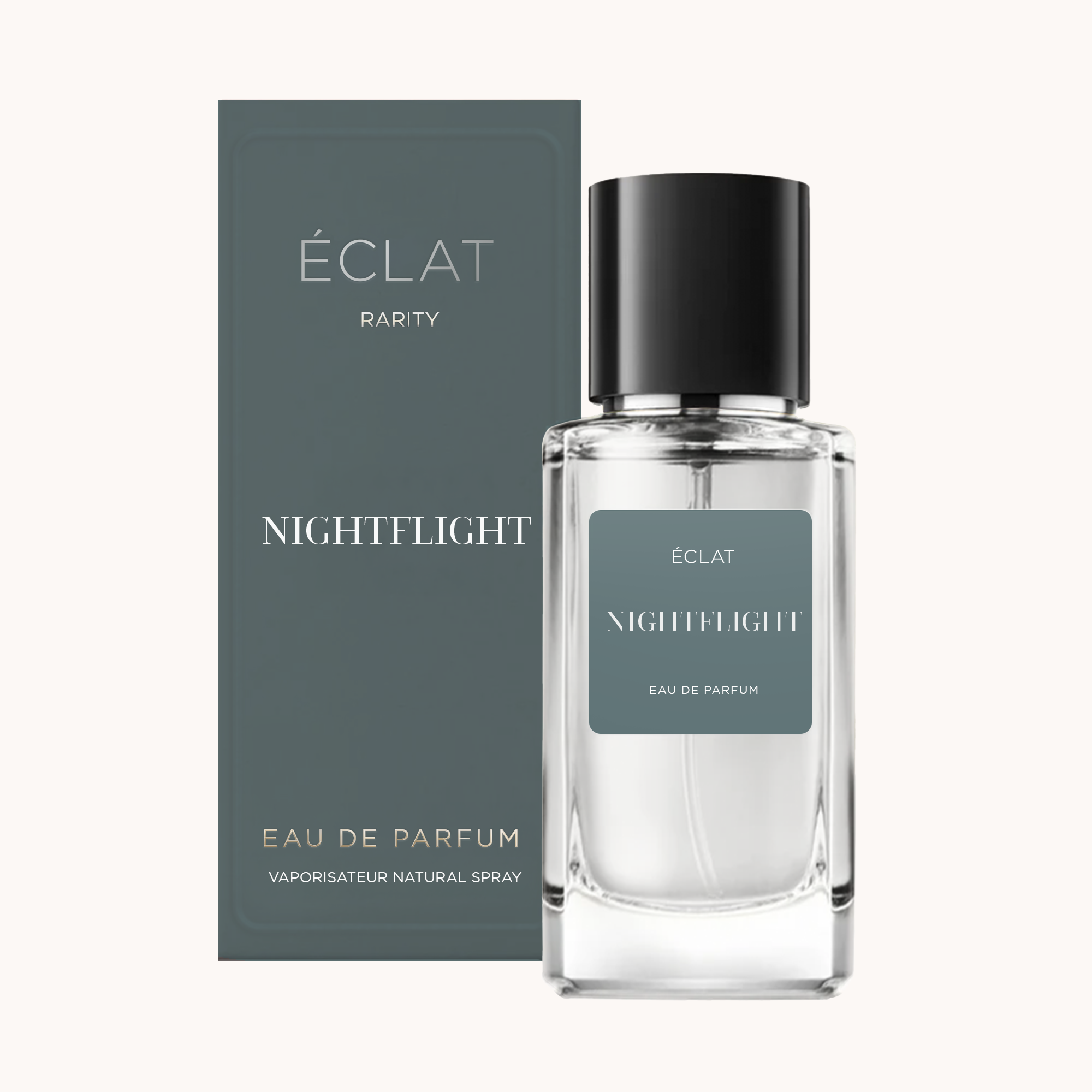 Un flacone di vetro trasparente con tappo nero, accanto a una scatola grigia, entrambi etichettati ÉCLAT Nightflight.
