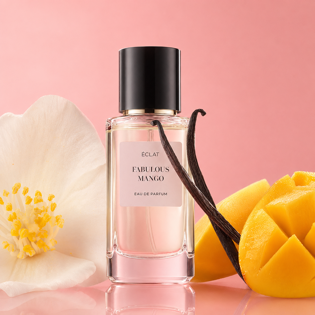 Il flacone del profumo ÉCLAT Fabulous Mango con tappo nero è circondato da un fiore bianco, una bacca di vaniglia e mango affettato su sfondo rosa.