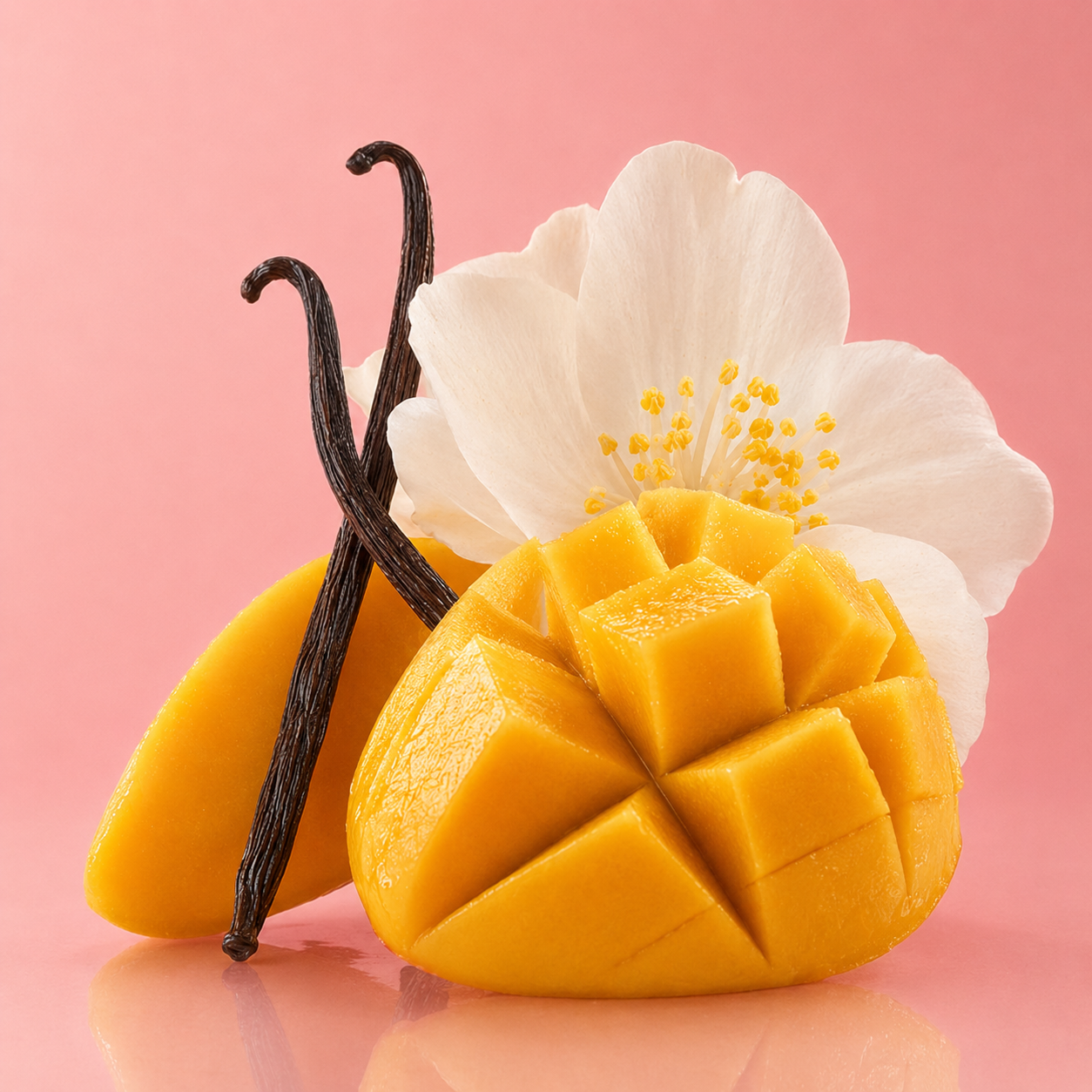 Un mango tagliato a metà a cubetti, due baccelli di vaniglia e un fiore bianco su sfondo rosa.