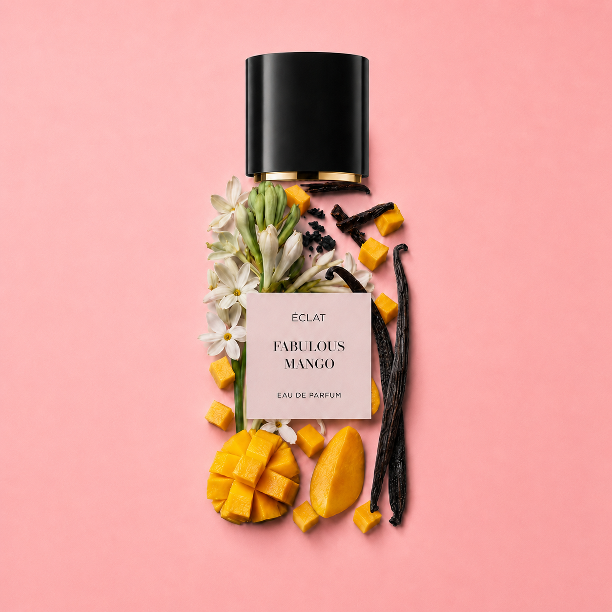 La bottiglia di profumo ÉCLAT Fabulous Mango con tappo nero è adornata con fiori bianchi, cubetti di mango e baccelli di vaniglia su sfondo rosa.