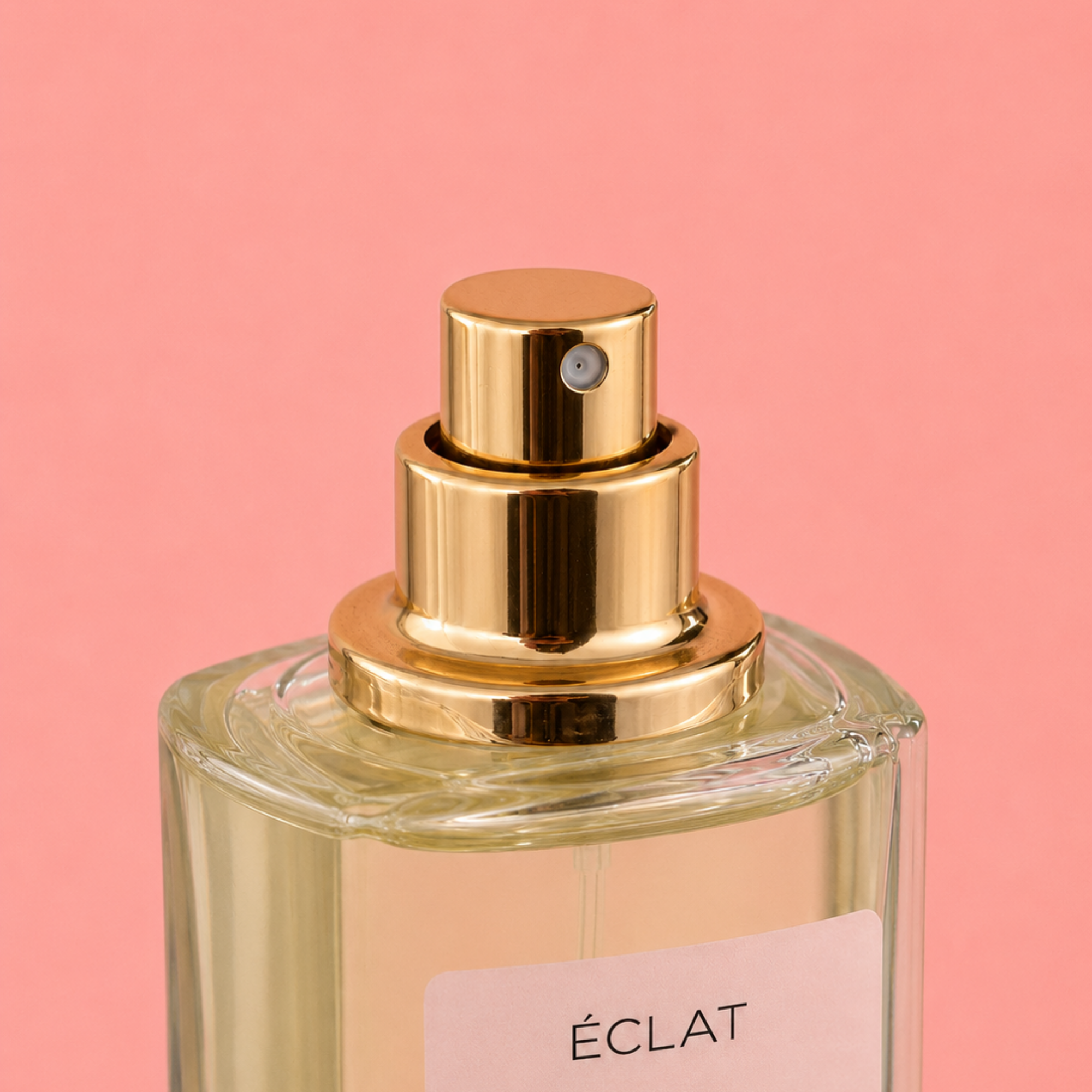 Bottiglia di profumo ÉCLAT Fabulous Mango con erogatore dorato e design trasparente ed elegante su sfondo rosa.