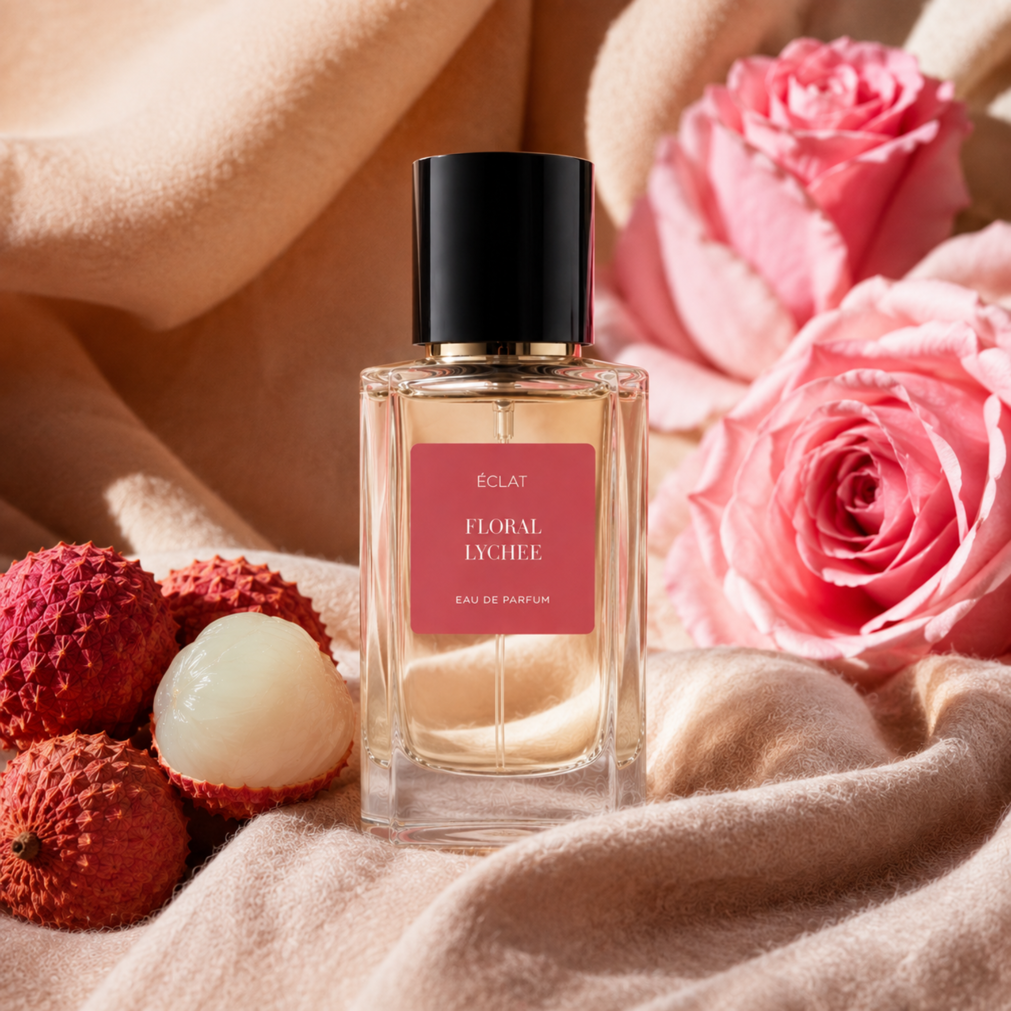 Una bottiglia in vetro sfaccettato di ÉCLAT Floral Lychee con tappo nero, circondata da litchi freschi e rose rosa su un tessuto morbido.