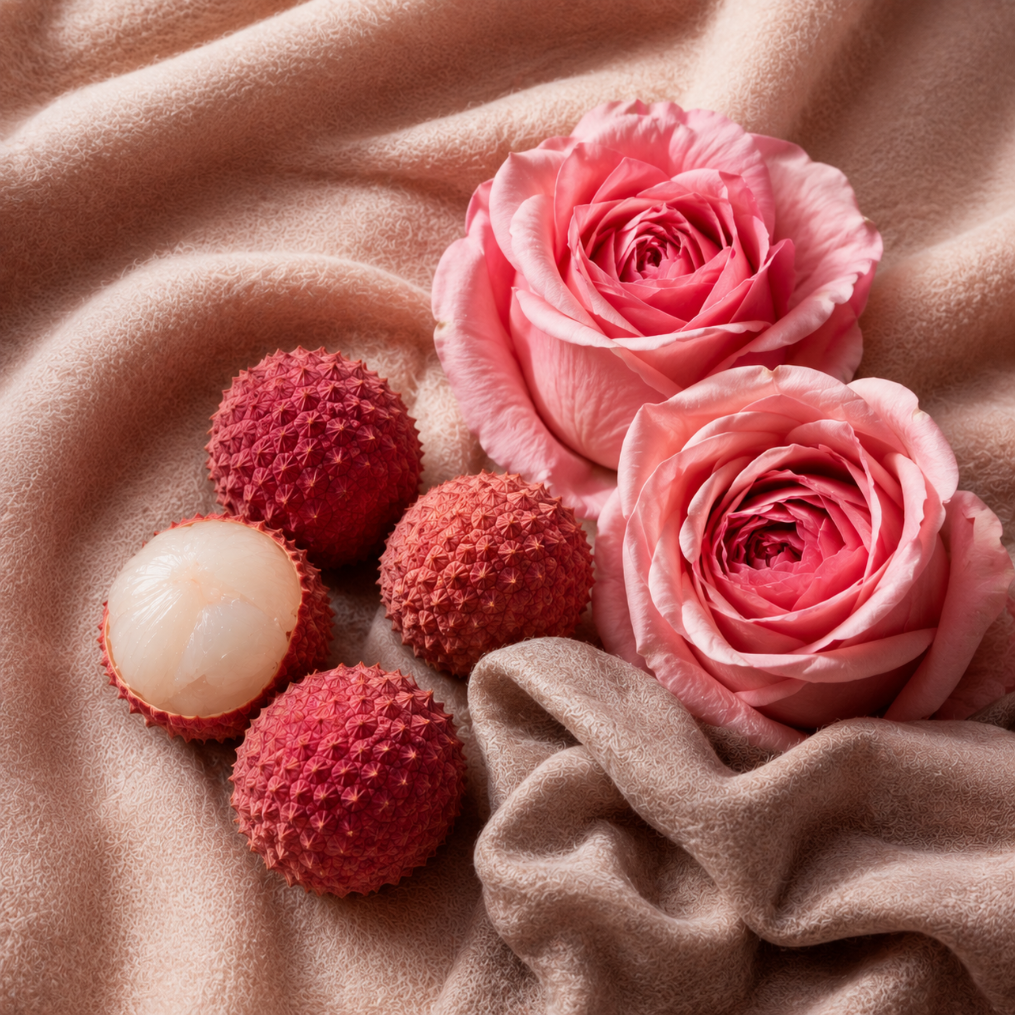 Una composizione di rose rosa e litchi elegantemente disposti su un morbido tessuto beige, rappresentando ÉCLAT Floral Lychee.