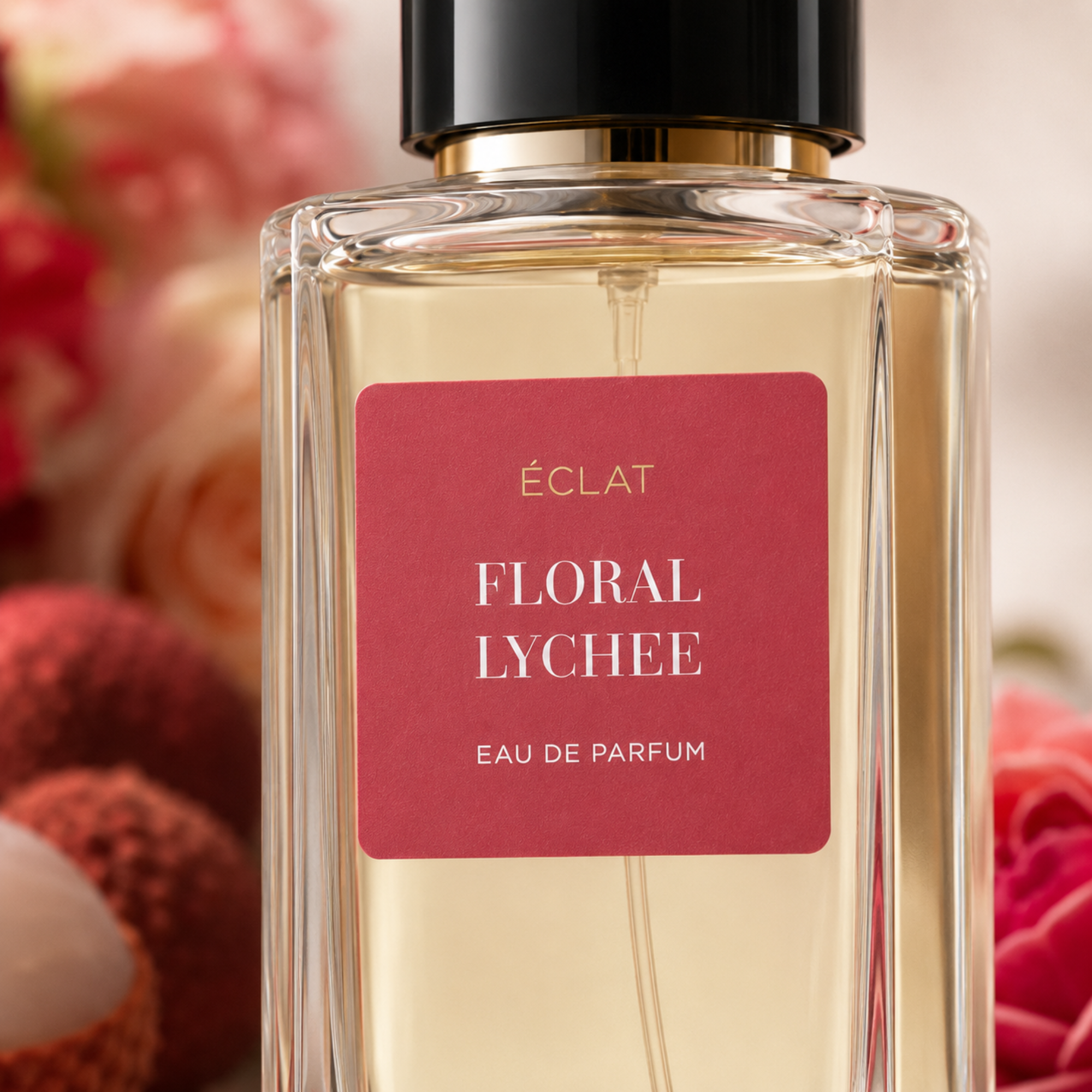 Un flacone di vetro sfaccettato con tappo nero e un'etichetta rossa che mostra ÉCLAT Floral Lychee, circondato da elementi floreali sfocati.