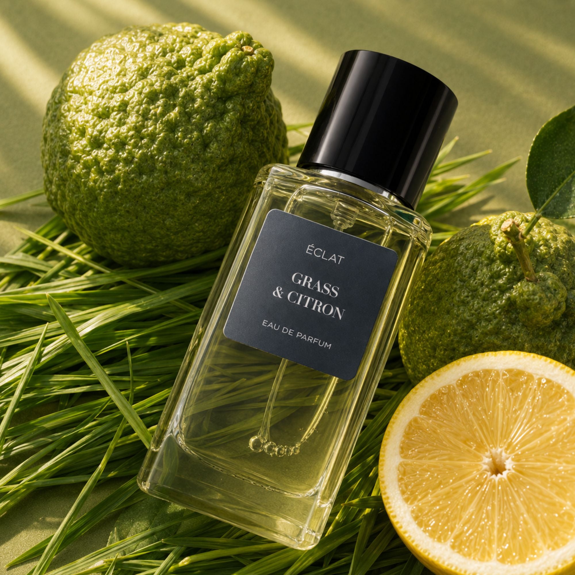 Un flacone di vetro sfaccettato di ÉCLAT Grass & Citron con tappo nero, circondato da erba fresca, agrumi e una fetta di limone.