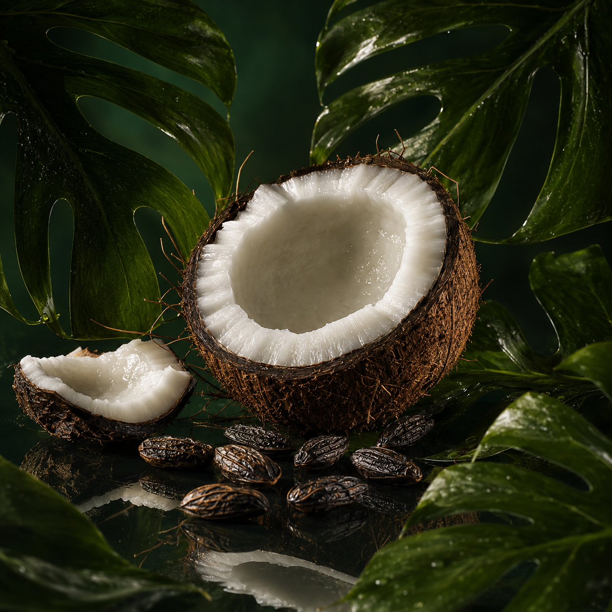 Una noce di cocco aperta circondata da foglie verdi lussureggianti e fagioli tonka, evocando l'essenza di ÉCLAT Green Coconut.
