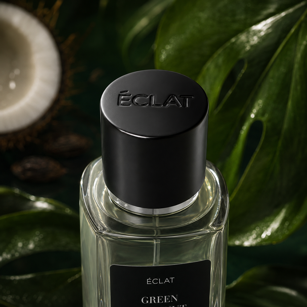 Un flacone in vetro sfaccettato di ÉCLAT Green Coconut con tappo nero opaco, su uno sfondo tropicale con foglie verdi e mezzo cocco.