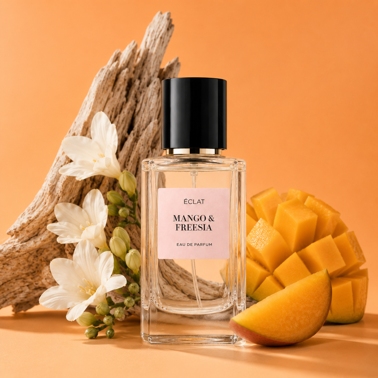 Una bottiglia in vetro sfaccettato di profumo ÉCLAT Mango & Freesia con tappo nero, circondata da fresie bianche, mango a fette e legno alla deriva su sfondo arancione.