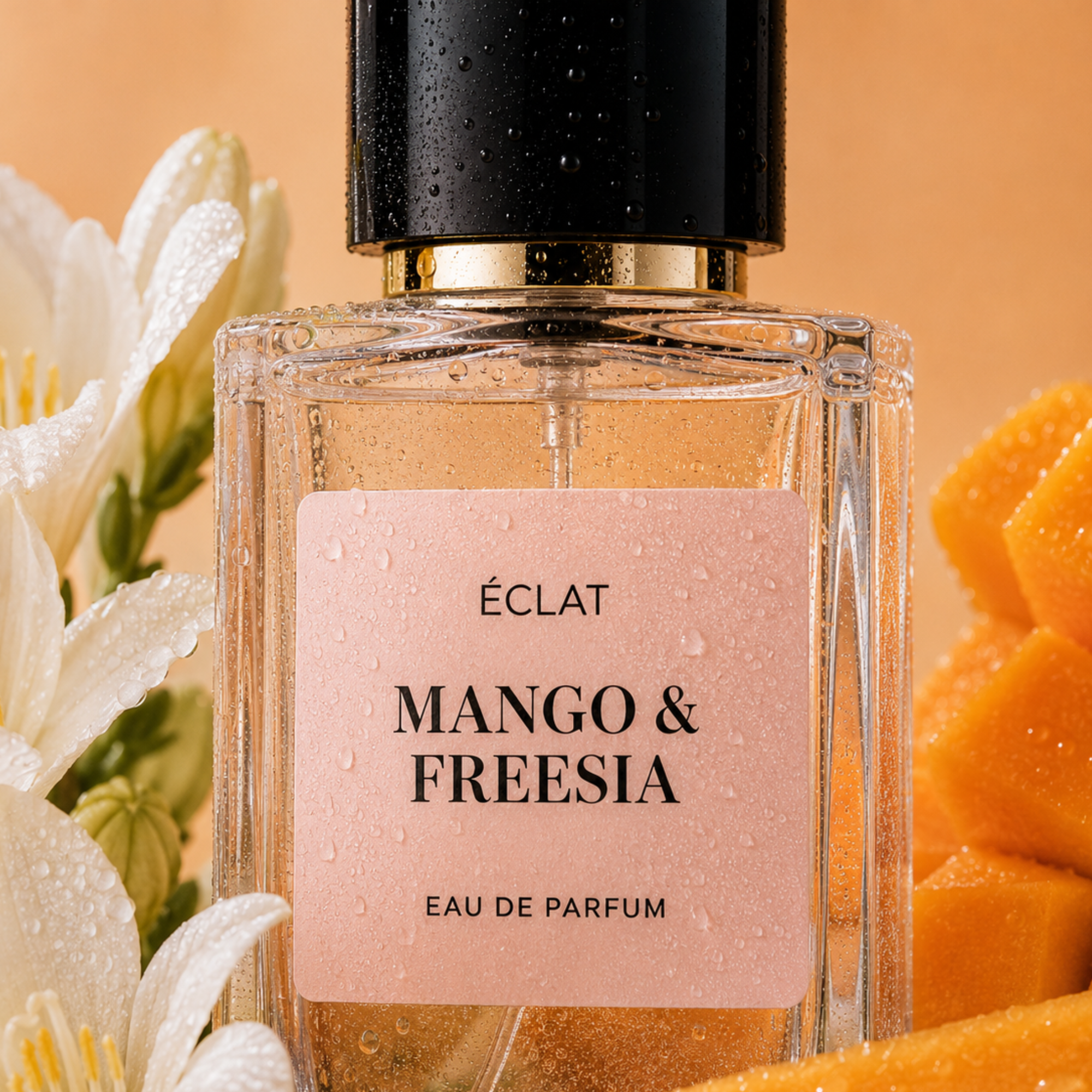 Flacone di vetro sfaccettato di ÉCLAT Mango & Freesia con tappo nero e oro, circondato da fiori bianchi e fette di mango.