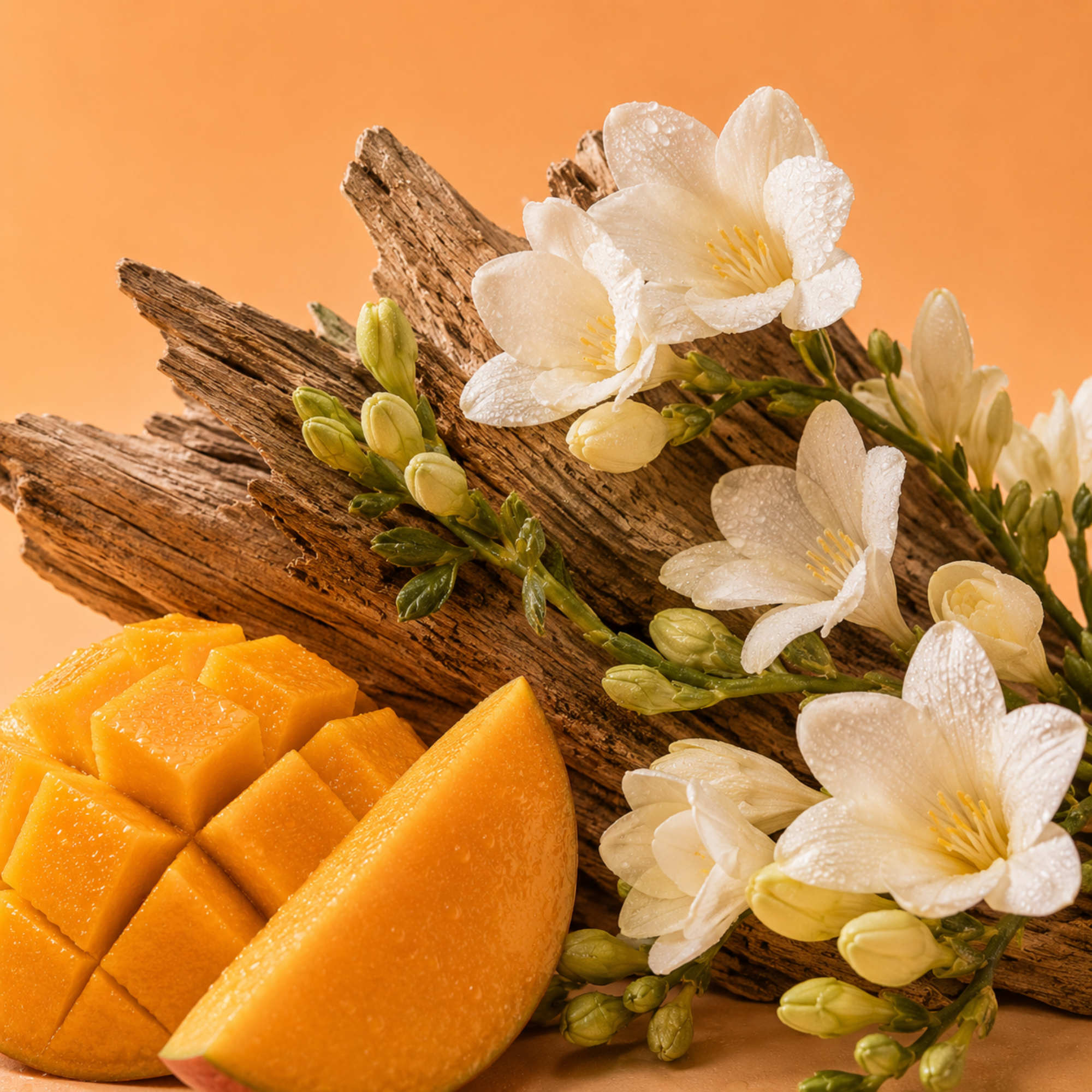 Una composizione di mango a fette, fiori di fresia e legno rustico evidenzia la fragranza ÉCLAT Mango & Freesia.