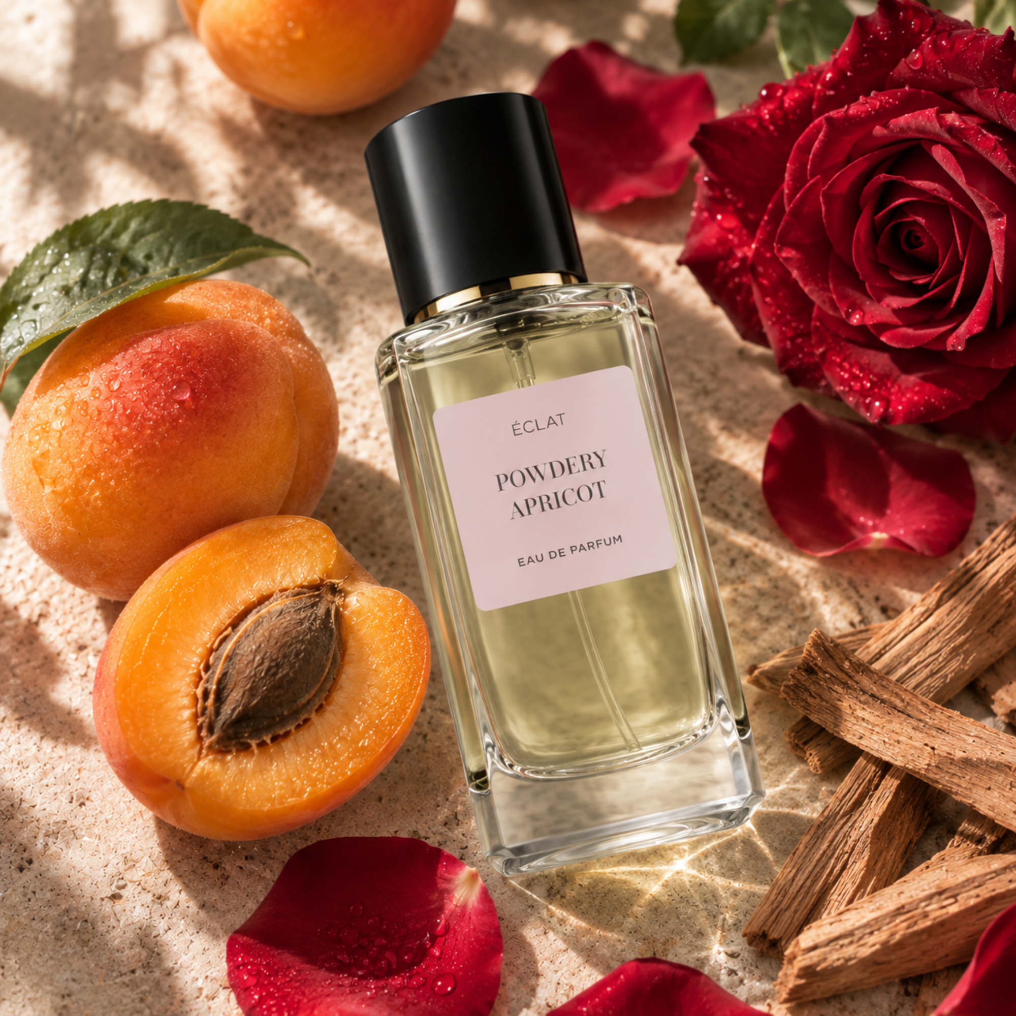 Flacone in vetro sfaccettato di ÉCLAT Powdery Apricot circondato da albicocche fresche, una rosa rossa e bastoncini di cannella.
