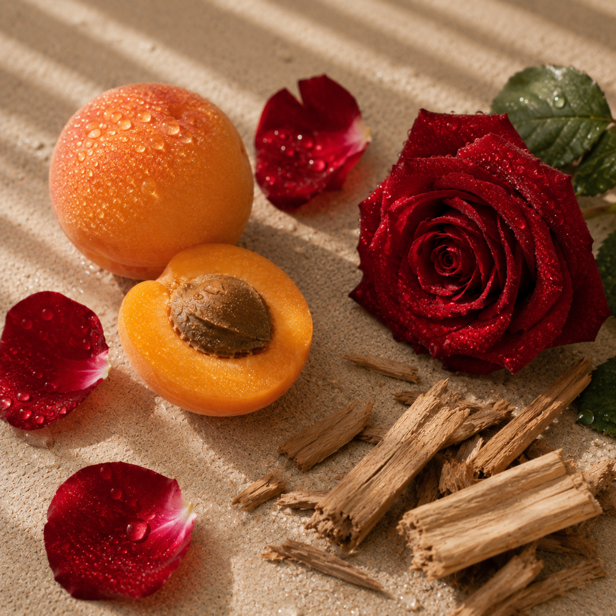 Un arrangiamento di un'albicocca rugiadosa, petali di rosa rossa, una rosa intera e trucioli di legno su una superficie testurizzata, simbolizzando ÉCLAT Powdery Apricot.