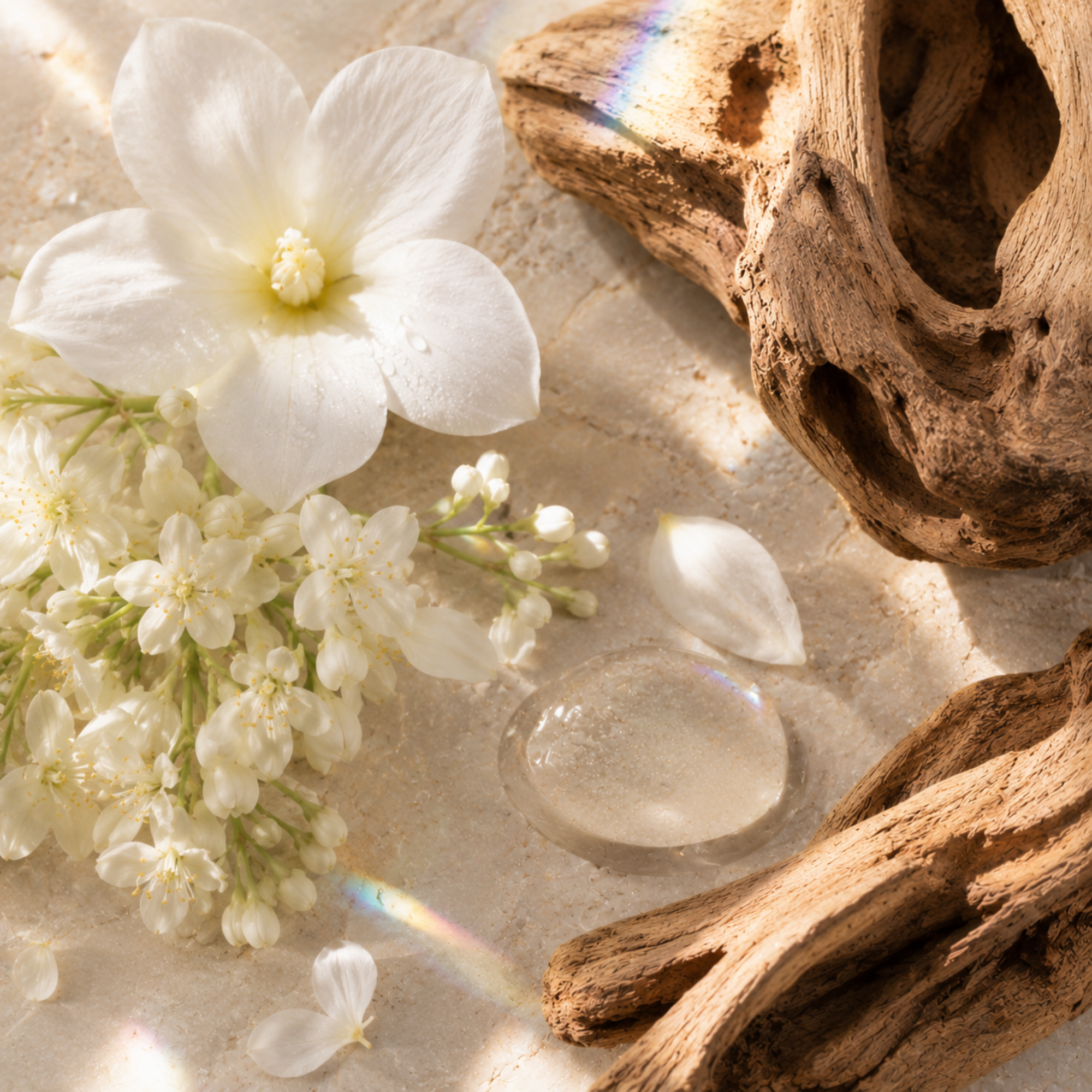 Un delicato arrangiamento di fiori di gelsomino bianchi, una texture di legno e una goccia chiara su una superficie di pietra chiara.