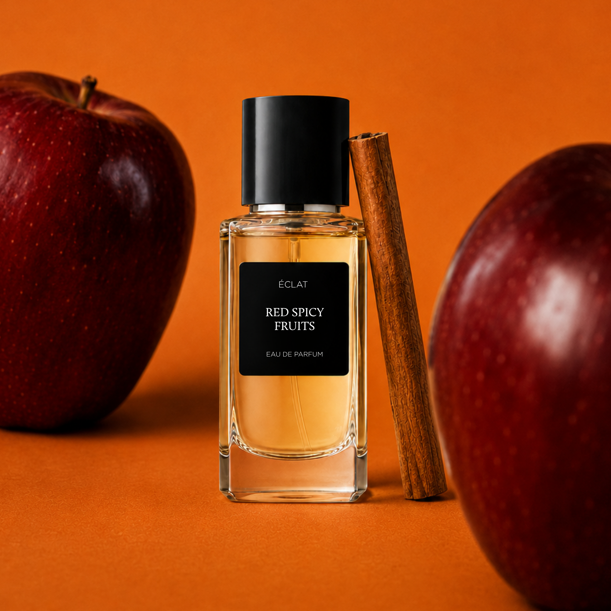 Flacone in vetro sfaccettato di ÉCLAT Red Spicy Fruits con tappo nero accanto a mele rosse e un bastoncino di cannella su sfondo arancione.