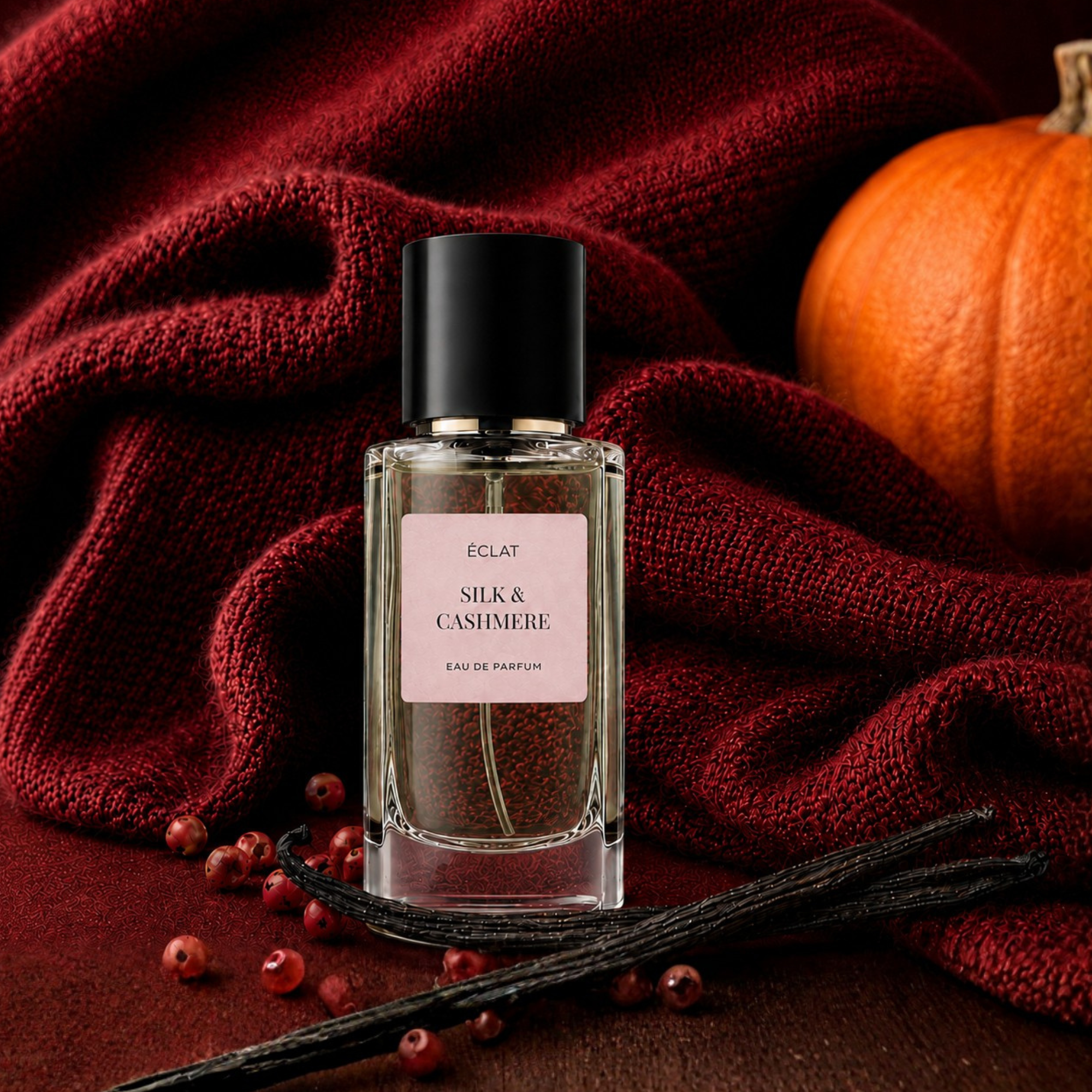 Un flacone di vetro sfaccettato di ÉCLAT Silk & Cashmere con tappo nero, su sfondo di tessuto rosso scuro, circondato da baccelli di vaniglia, bacche e una zucca.