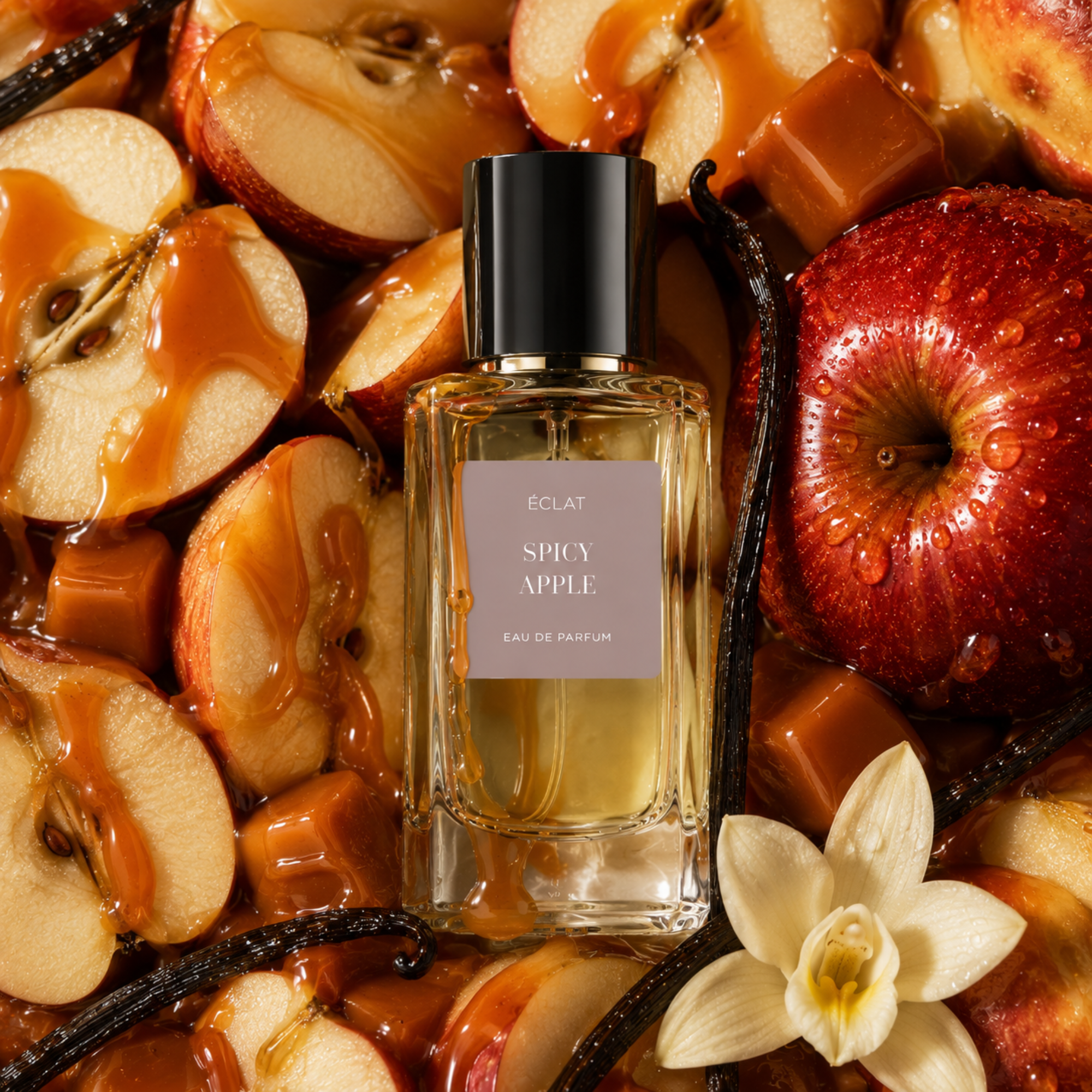 Flacone in vetro sfaccettato ÉCLAT Spicy Apple circondato da fette di mela con caramello, pezzi di caramello, baccelli di vaniglia e un fiore bianco.