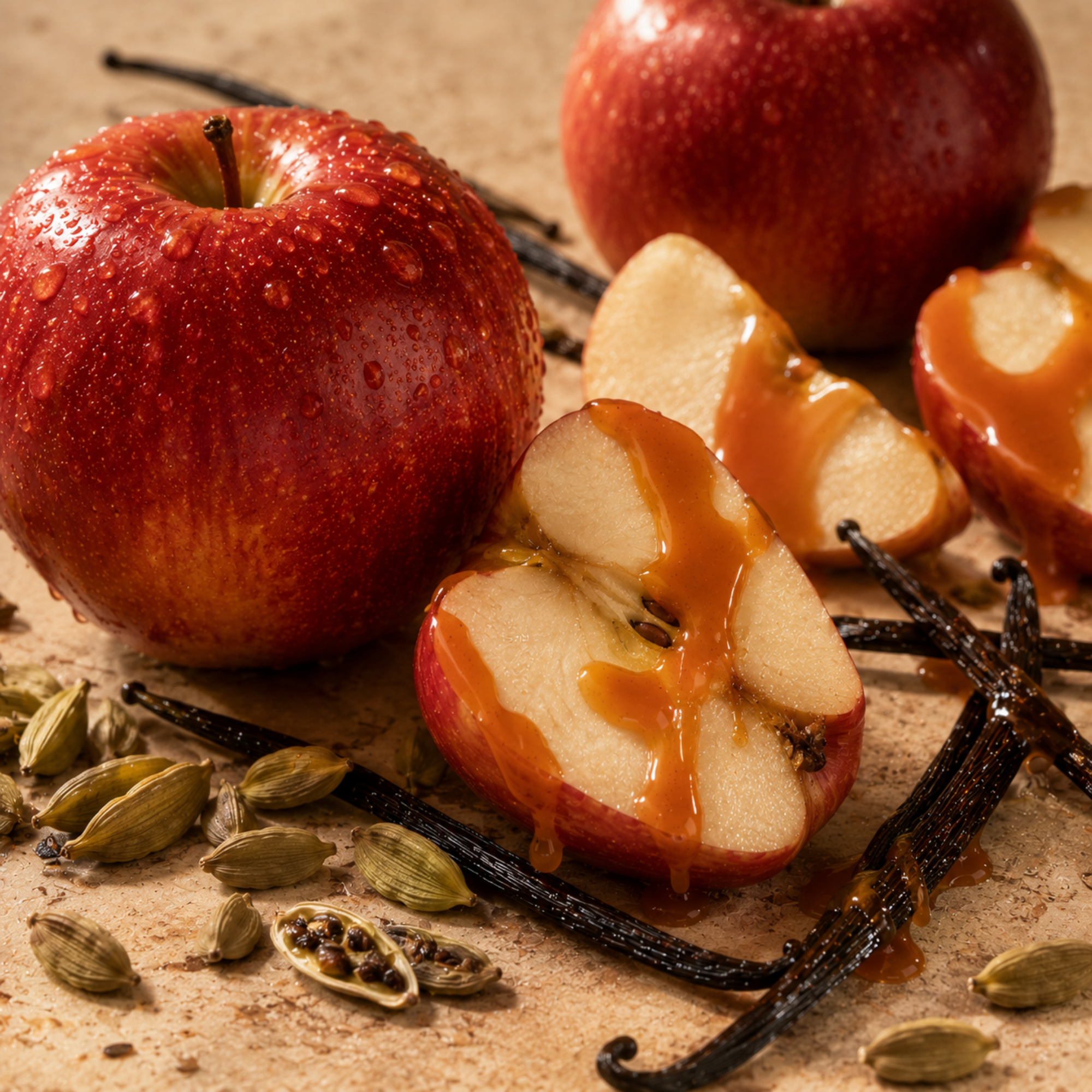 Una vibrante mela rossa con caramello, circondata da baccelli di vaniglia e cardamomo intero, rappresenta l'essenza di ÉCLAT VIP - Spicy Apple.